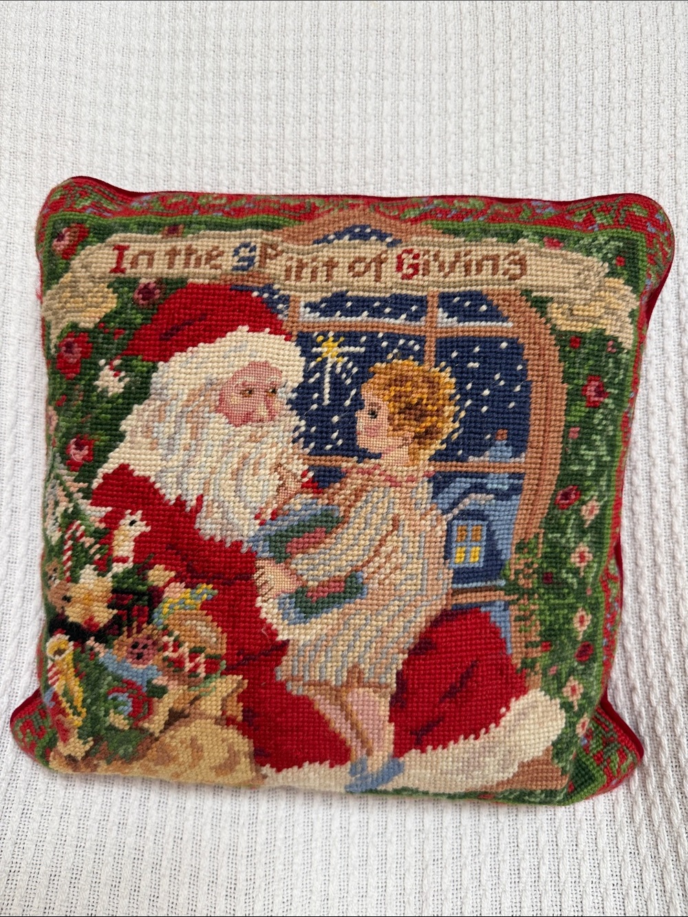 Vintage Christmas Needlepoint Santa Pillow 12” Red Velvet